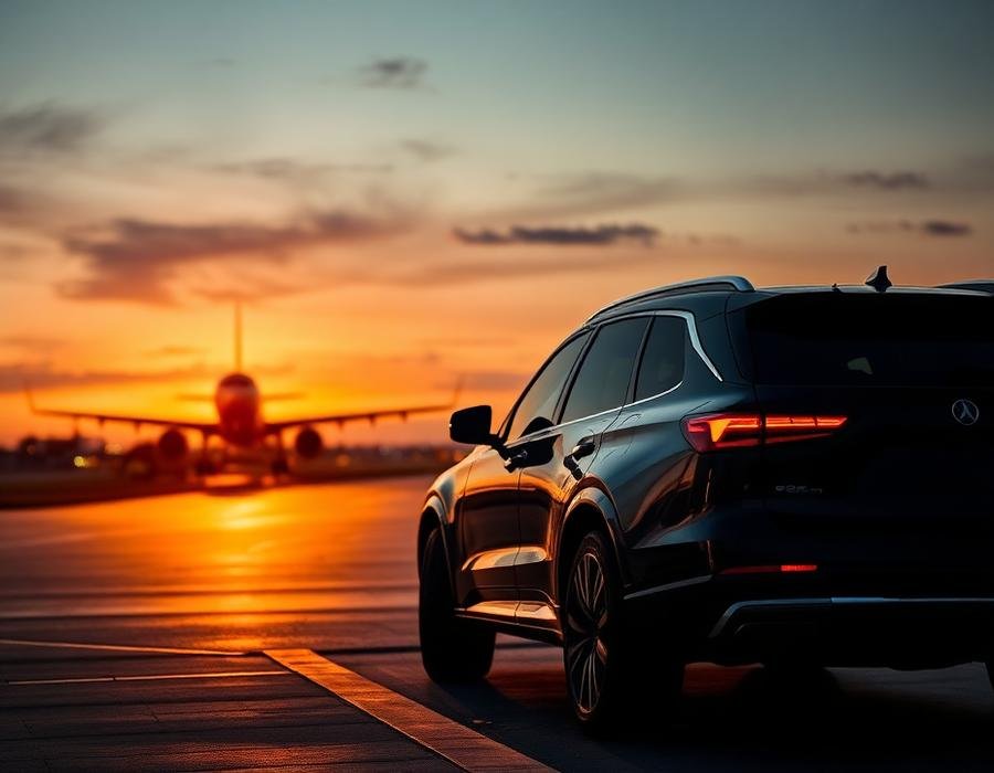 Black luxury SUV waiting on the airport apron at sunset — ATL airport transfer service in Lithonia, GA